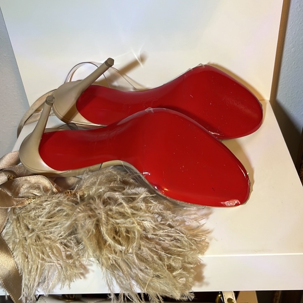 Louboutin Marie Edwina 100 Nude stilettos ribbon ostrich feathers pvc naked  1 - Picture 3 of 14